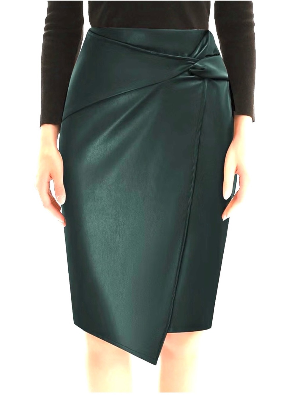 Faux-Leather Dark Green Twist Pencil Skirt